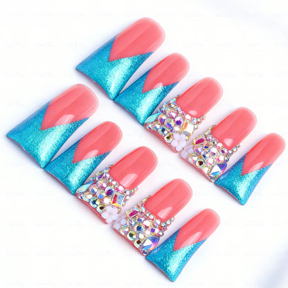 Mermaid V French-Nude & Turquoise Short Duck Press-Ons with V-Tip & Iridescent Rhinestone Accents
