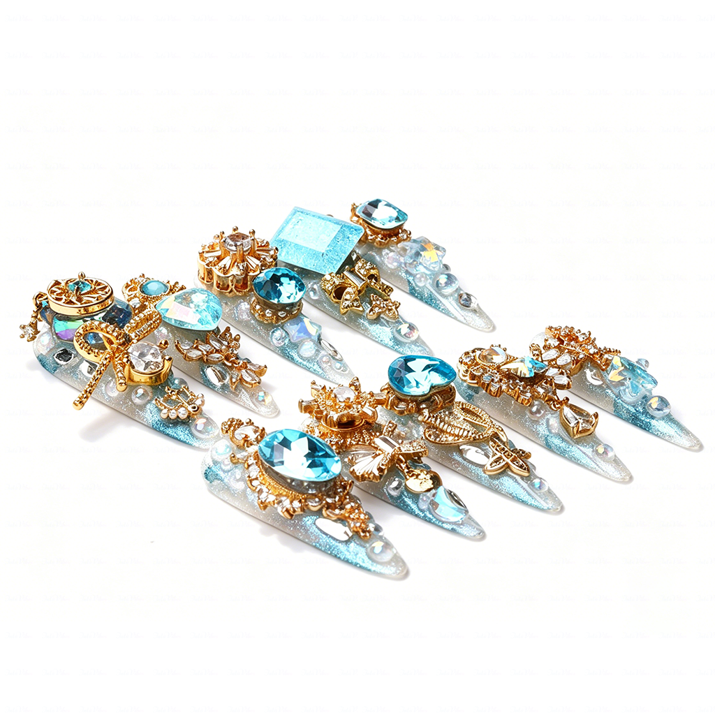 Made-to-Order | Icy Celestial Princess – Iridescent White & Aqua Long Stiletto Press-Ons with Gold Gem Charms