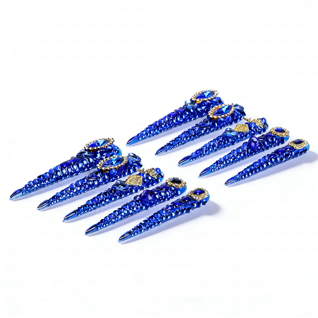 Sapphire Bling-Royal Blue Extra Long Stiletto Press-Ons with Full Rhinestone Encrusted Design