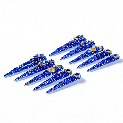 Sapphire Bling-Royal Blue Extra Long Stiletto Press-Ons with Full Rhinestone Encrusted Design