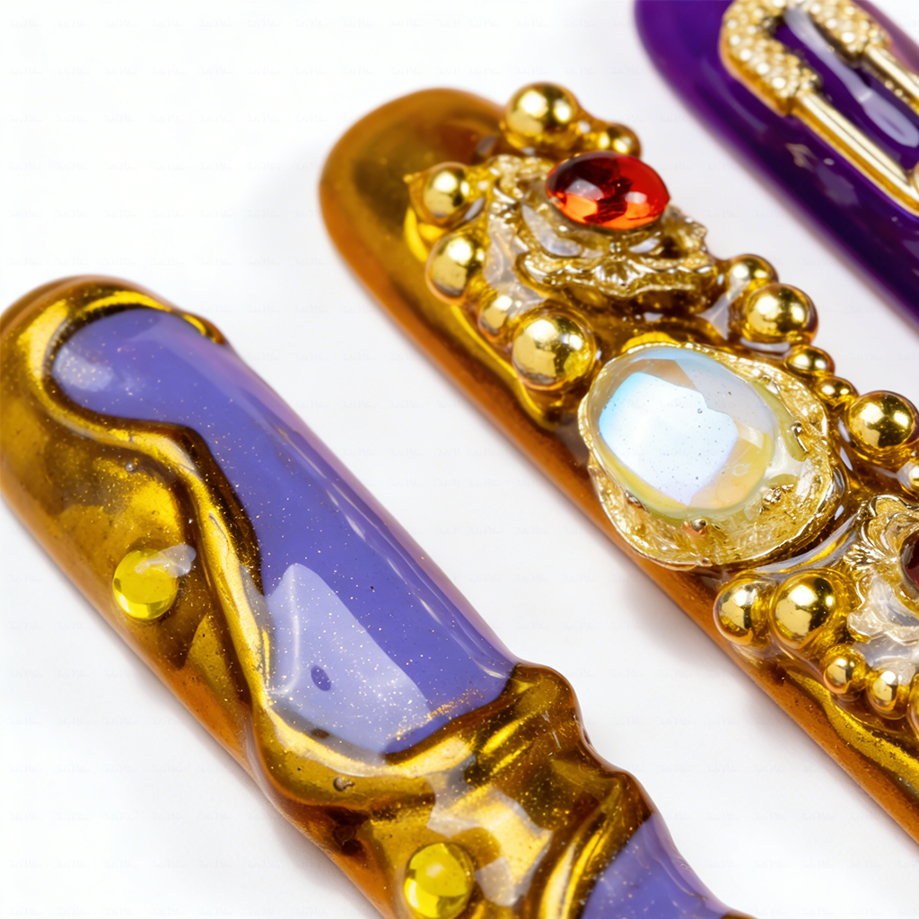 Royal Opulence – Purple & Gold Long Square Press-Ons with 3D Baroque Charms