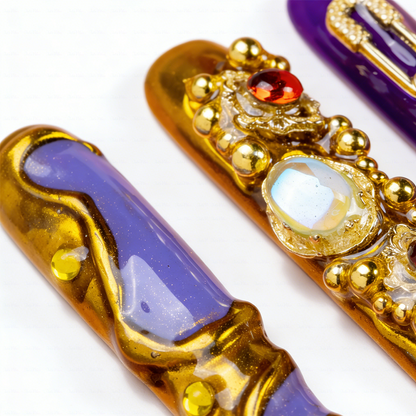 Royal Opulence – Purple & Gold Long Square Press-Ons with 3D Baroque Charms