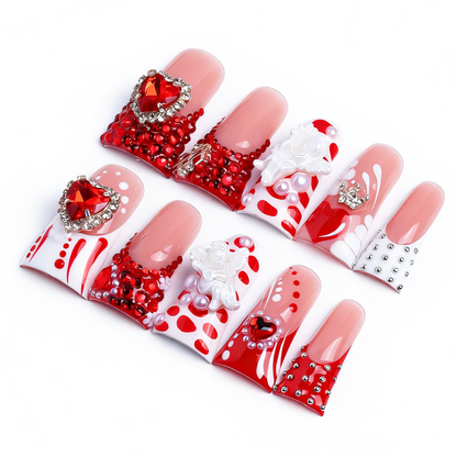 Cherub Heart-Red & Nude Short Duck Press-Ons with Heart Gem & 3D Angel Charms