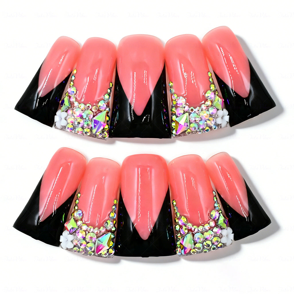 Black V French – Nude & Black Long Duck Press-Ons with Iridescent Rhinestone Accents