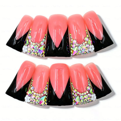 Black V French – Nude & Black Long Duck Press-Ons with Iridescent Rhinestone Accents