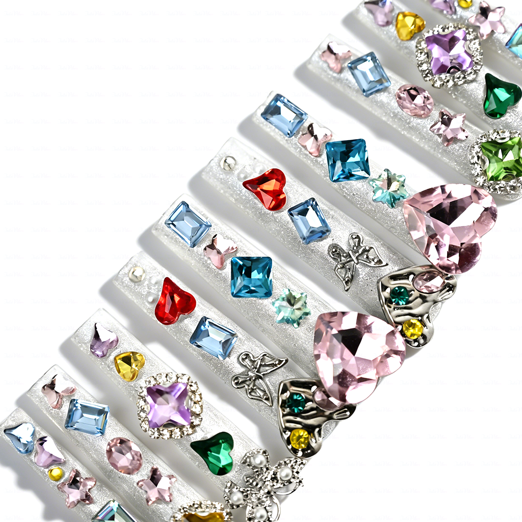 Rainbow Gem-Silver Long Square Press-Ons with Multi-Color Heart & Butterfly Rhinestone Accents
