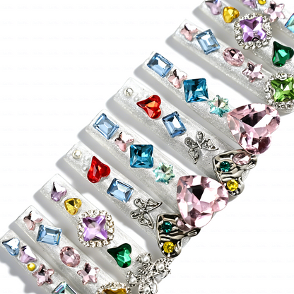 Rainbow Gem-Silver Long Square Press-Ons with Multi-Color Heart & Butterfly Rhinestone Accents