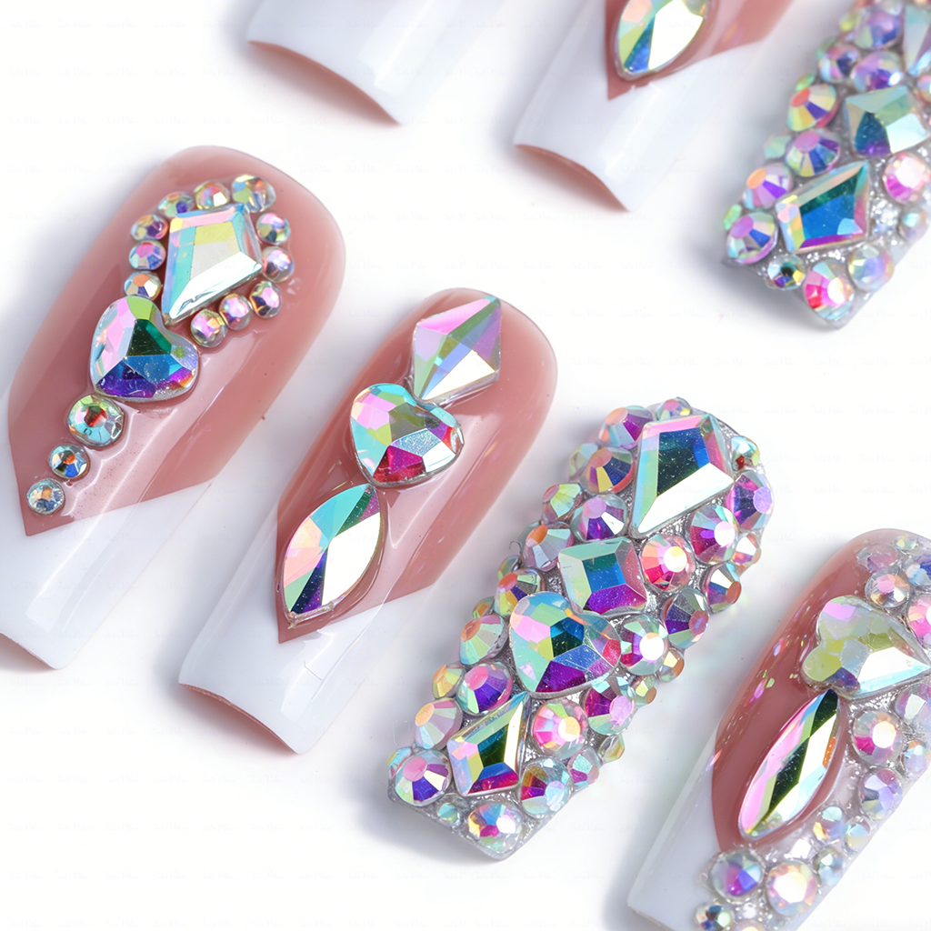 Rainbow V French-Nude & White Medium Square Press-Ons with V-Tip & Iridescent Rhinestone Accents