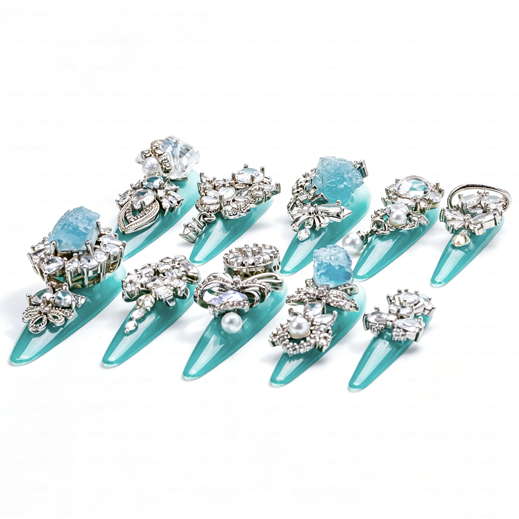 Made-to-Order | Aqua Crystal Princess – Turquoise Glossy Long Stiletto Press-Ons with Silver Rhinestone