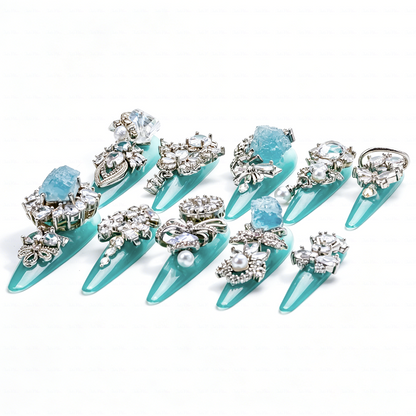 Made-to-Order | Aqua Crystal Princess – Turquoise Glossy Long Stiletto Press-Ons with Silver Rhinestone