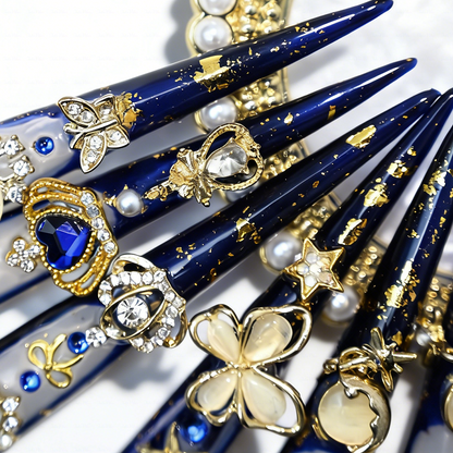 Midnight Royal-Navy Blue & Milky White Extra Long Stiletto Press-Ons with Gold Foil & Gem Butterfly Charms