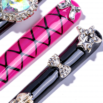 Baddie Glitz – Hot Pink & Black Long Square Press-Ons with Heart Gem & Cross Charms