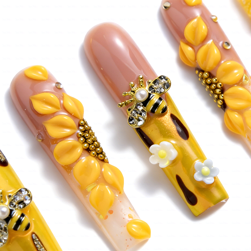 Honey Bee-Bright Yellow Long Square Press-Ons with 3D Bee & Chocolate Drip Accents