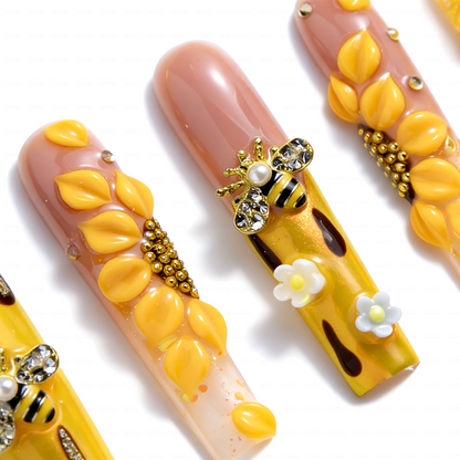 Honey Bee-Bright Yellow Long Square Press-Ons with 3D Bee & Chocolate Drip Accents