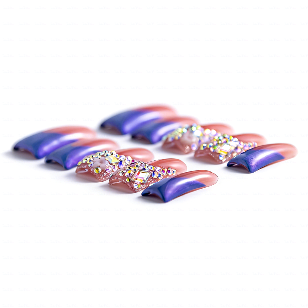 Lavender Blossom – Pink & Purple Long Duck Press-Ons with Crystal & Floral Accents