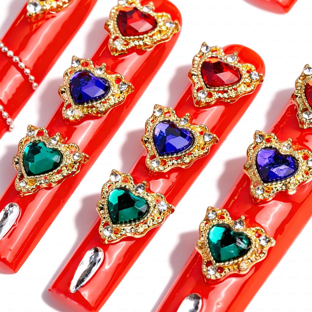 Royal Heart – Bright Red Long Square Press-Ons with Multi-Color Heart Gem & Gold Accents