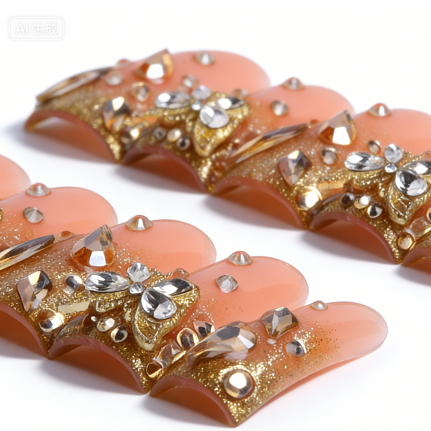 Golden Butterfly – Nude & Gold Long Duck Press-Ons with Butterfly Rhinestone Accents