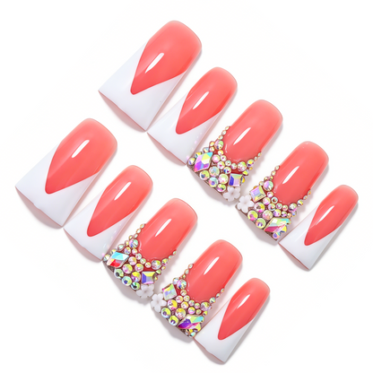White V French – Nude & White Long Duck Press-Ons with Iridescent Rhinestone Accents