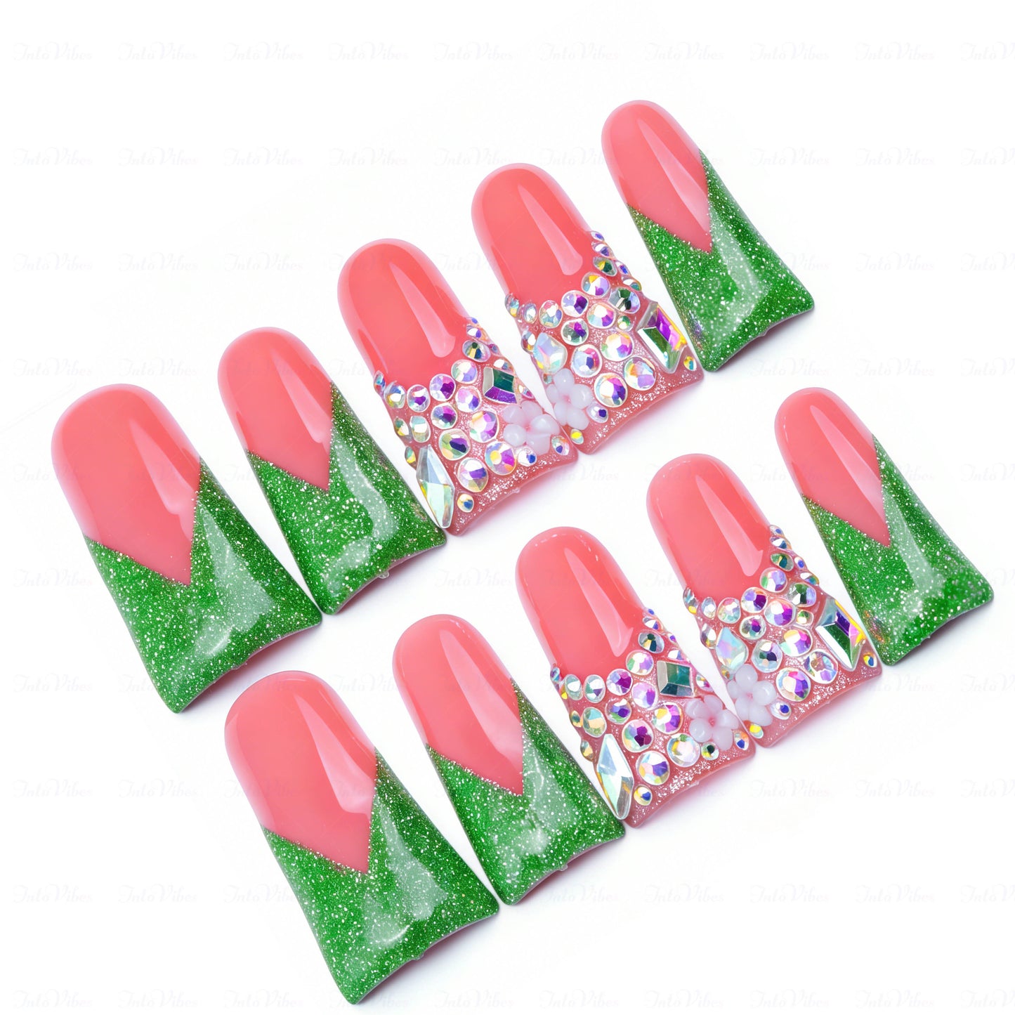 Emerald V French-Nude & Green Long Duck Press-Ons with V-Tip & Iridescent Rhinestone Accents