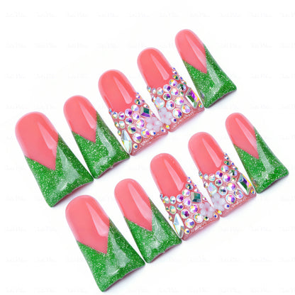 Emerald V French-Nude & Green Long Duck Press-Ons with V-Tip & Iridescent Rhinestone Accents
