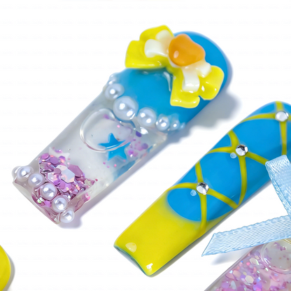 Kawaii Bow  Blue & Yellow Long Square Water Press-Ons with 3D Bow & Moon Charms