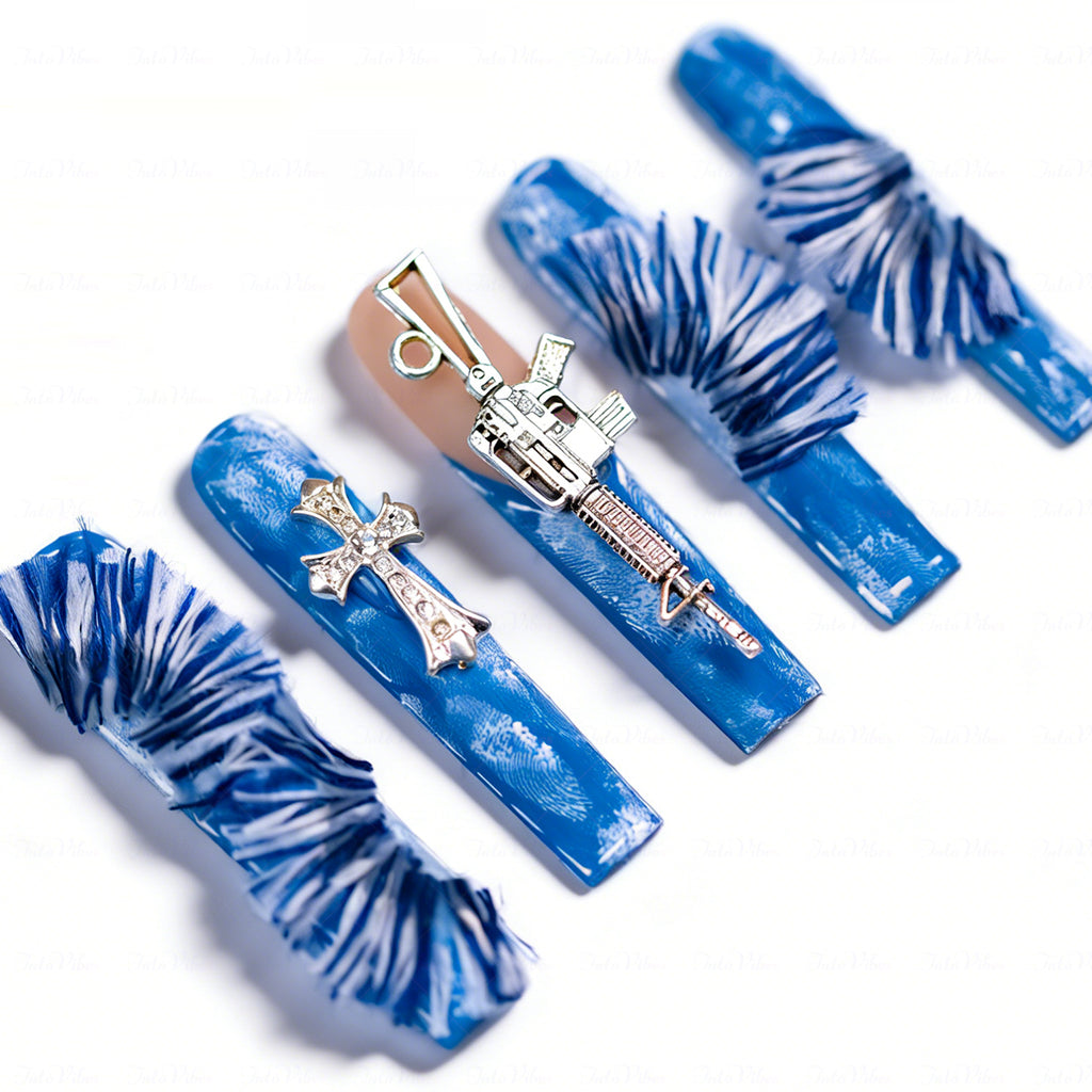 Cyber Denim – Blue Long Square Press-Ons with Cross & Gun Charms