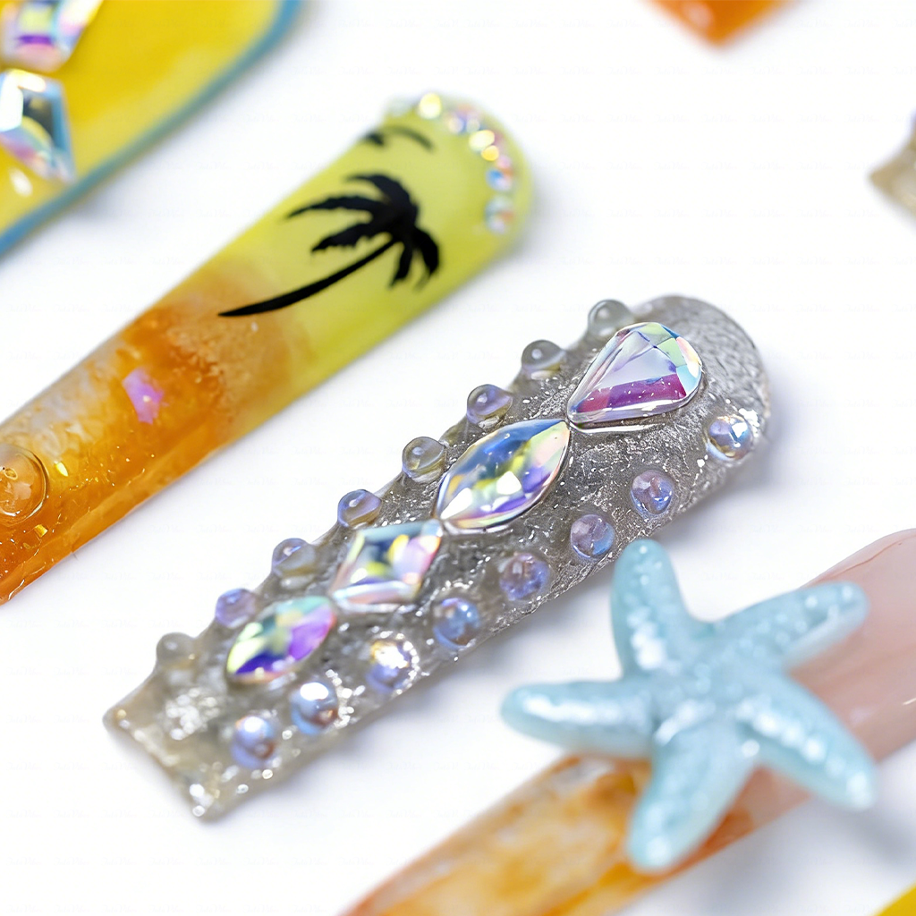 Sunset Beach-Orange & Yellow Long Square Water Press-Ons with 3D Starfish & Palm Tree Accents