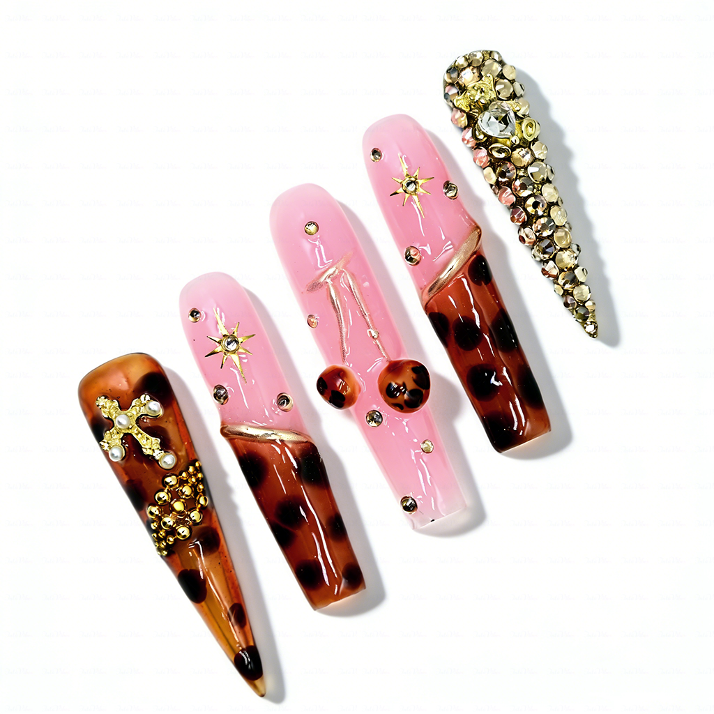 Tortie Cherry – Long Stiletto Press-Ons with Tortoiseshell & Cherry Accents