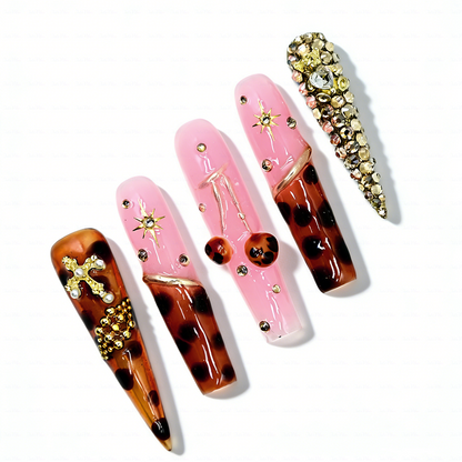 Tortie Cherry – Long Stiletto Press-Ons with Tortoiseshell & Cherry Accents
