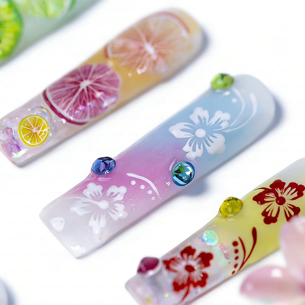 Tropical Fruit-Pastel Multi-Color Long Square Water Press-Ons with Hand-Painted Fruit & 3D Floral Accents