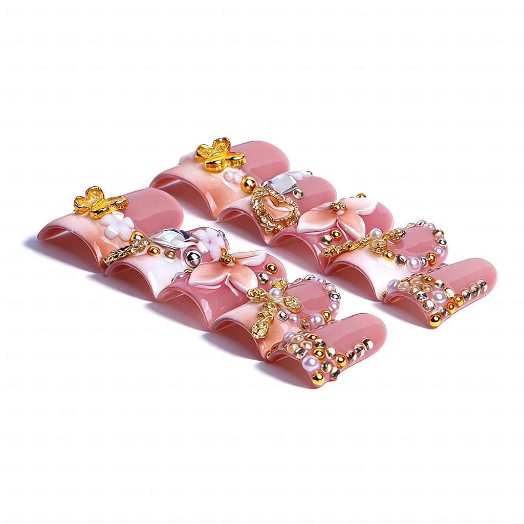 Butterfly Bloom-Nude Pink Short Duck Press-Ons with 3D Floral & Gold Butterfly Charms