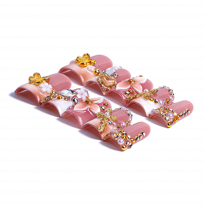 Butterfly Bloom-Nude Pink Short Duck Press-Ons with 3D Floral & Gold Butterfly Charms