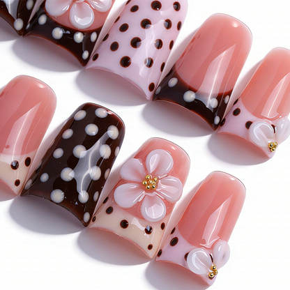 Polka Dot Bloom-Pink & Brown Short Duck Press-Ons with 3D Floral & French Tip Accents