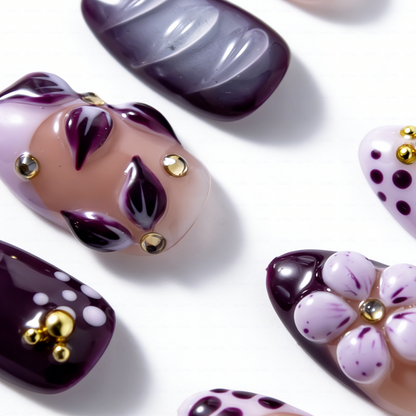 Lilac Wild – Lavender Purple Short Almond Press-Ons with Leopard Print & 3D Floral Accents