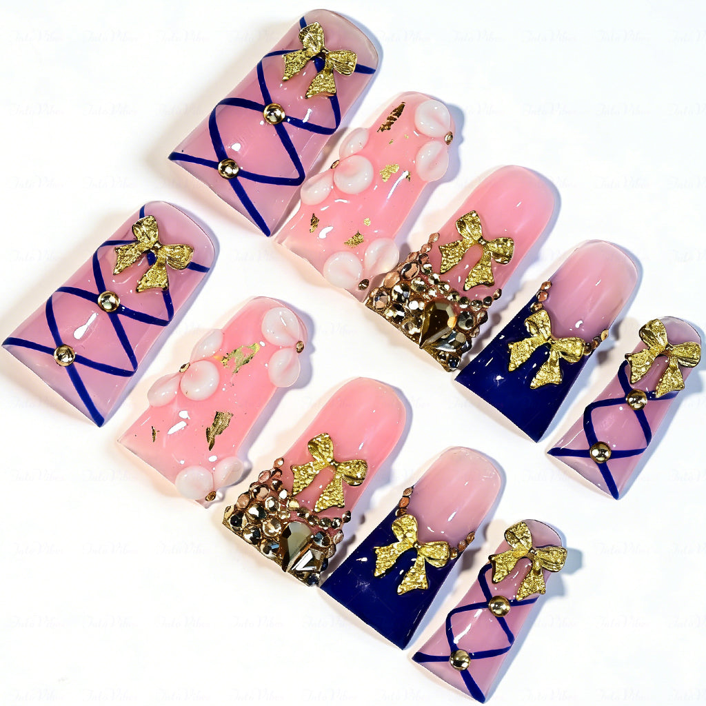 Gold Bow Lolita – Pink & Navy Blue Long Duck Press-Ons with Gold Bow & Rhinestone Accents