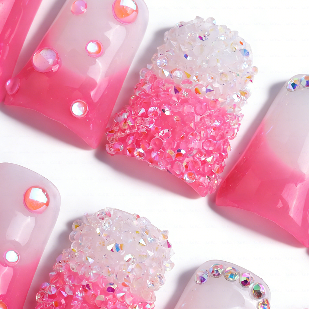Bubblegum Bling-Hot Pink Short Duck Press-Ons with Ombre Sugar Rhinestone & Crystal Accents