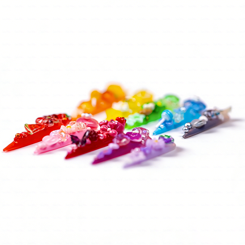 Candy Rainbow-Multi-Color Extra Long Stiletto Press-Ons with 3D Cartoon Fruit & Star Charms