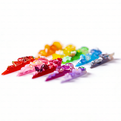 Candy Rainbow-Multi-Color Extra Long Stiletto Press-Ons with 3D Cartoon Fruit & Star Charms