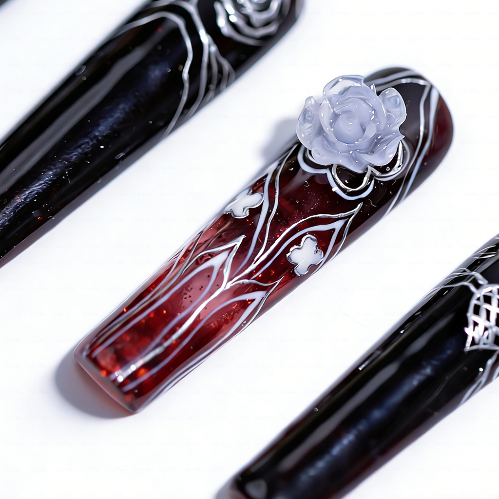 Goth Doll-Black & Red Long Square Water Press-Ons with 3D Doll & Snake Charms
