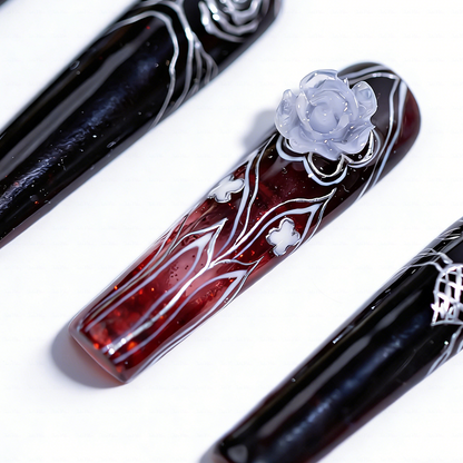 Goth Doll-Black & Red Long Square Water Press-Ons with 3D Doll & Snake Charms