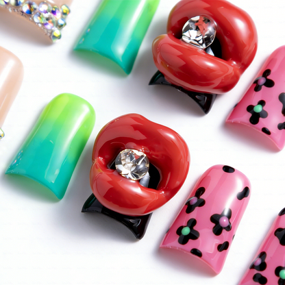 Lip Pop-Multi-Color Short Duck Press-Ons with 3D Lip & Rhinestone Accents