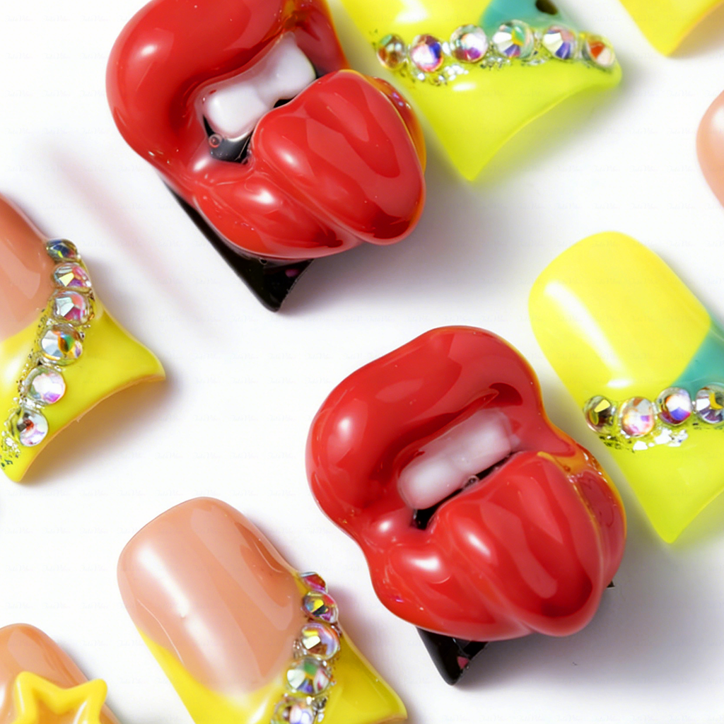 Neon Lip Pop-Neon Yellow Short Duck Press-Ons with 3D Lip & Star Charms