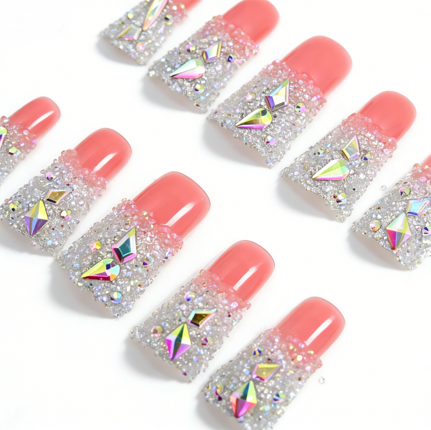 Sugar Glitter – Pink & White Long Duck Press-Ons with Iridescent Crystal Accents