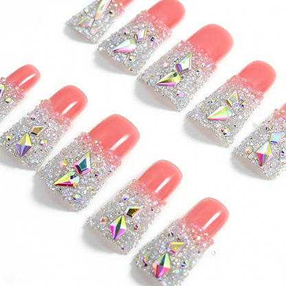 Sugar Glitter – Pink & White Long Duck Press-Ons with Iridescent Crystal Accents