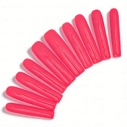 Neon Hot Pink  Bright Pink Long Square Press-Ons with High Gloss Solid Finish