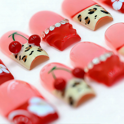 Cherry Leopard-Red & Nude Medium Square Press-Ons with 3D Cherry & Leopard Print Accents