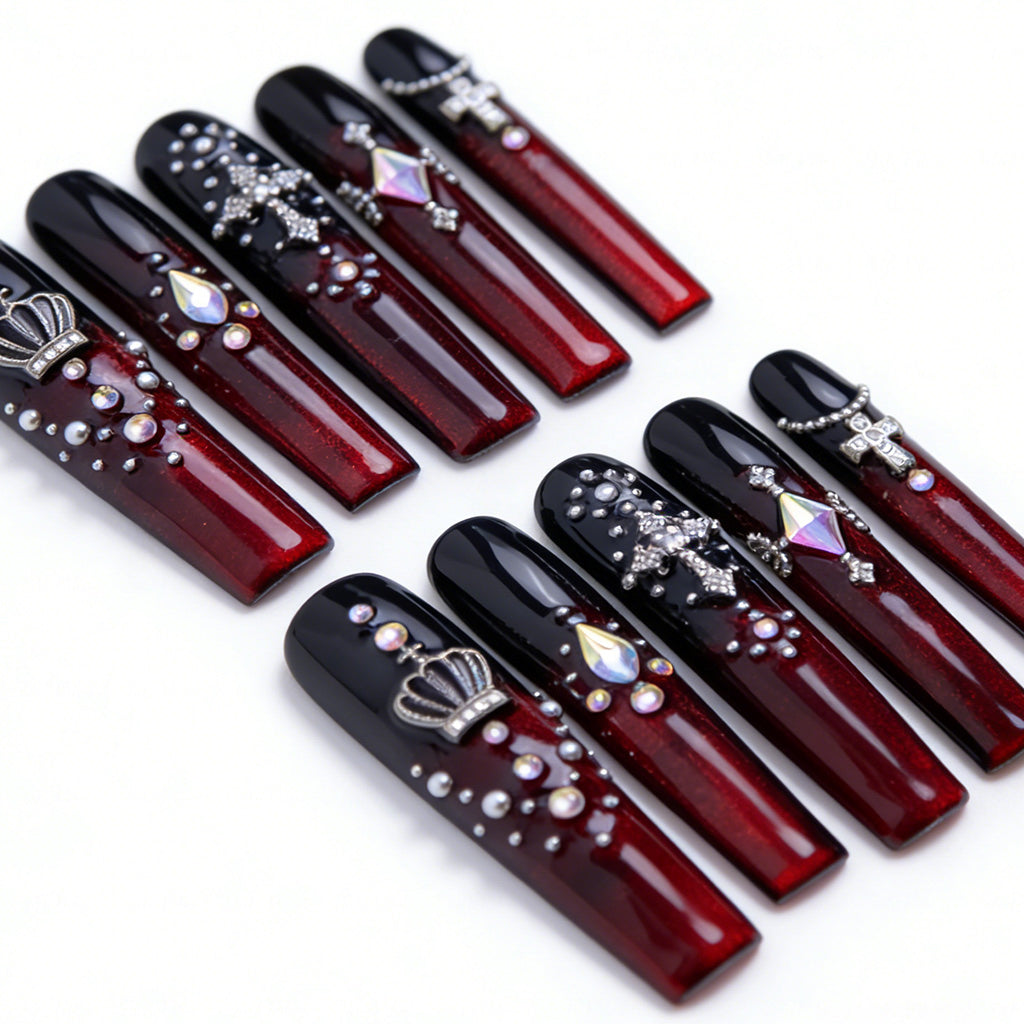 Goth Royal Black & Red Long Square Press-Ons with Crown & Cross Charms
