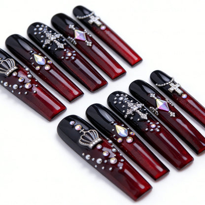 Goth Royal Black & Red Long Square Press-Ons with Crown & Cross Charms