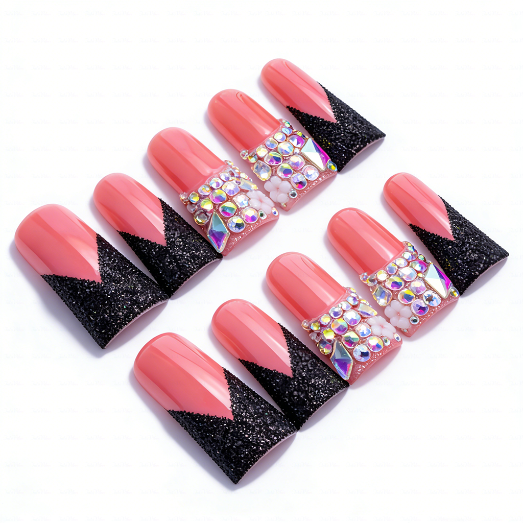 Crimson Noir – Pink & Black Glitter Long Duck Press-Ons with Crystal Accents
