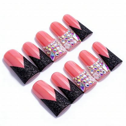 Crimson Noir – Pink & Black Glitter Long Duck Press-Ons with Crystal Accents